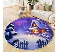 Tappeto Salotto Rotondo 200 Cm, Casa Nella Foresta Camera Da Letto Antiscivolo Tappeto Soggiorno Morbido Tappeti Fiocco Neve Dei Cartoni Animati Per Sala Da Pranzo, Cameretta Viola