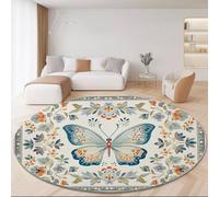 Tappeto Salotto Rotondo 90 cm (Round) Camera da Letto Antiscivolo Lavabile in Fiori di farfalla blu in stile William Morris Tappeto Dimensioni per Sala da Pranzo, Cameretta, Balcone Blu Arancione