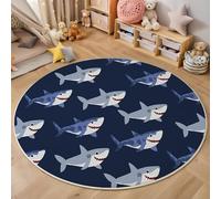Tappeto Salotto Rotondo Grande Pelo Corto, 3D Carino Squalo Cartone Animato Stampa Grandi Antiscivolo Tondo Moquette, Soggiorno Bambini Camera Decor Tappeti, 160cm, Blu navy