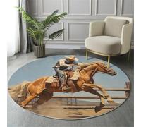 Tappeto Salotto Rotondo Grande Pelo Corto, 3D Cowboy Cavalli Selvaggi Pittura A Olio Stampa Grandi Antiscivolo Tondo Moquette, Soggiorno Bambini Camera Decor Tappeti, 160cm, Marrone