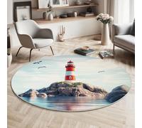 Tappeto Salotto Rotondo Grande Pelo Corto, 3D Isola Faro Film Stampa Grandi Antiscivolo Tondo Moquette, Soggiorno Bambini Camera Decor Tappeti, 160cm, Azzurro cielo