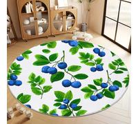 Tappeto Salotto Rotondo Minimalismo Mirtilli Foglie Verdi 80 cm Tappeti Del Soggiorno Rotondo, Bianco Tappeto Lavabile Dell'Interno Morbido - Per La Camera Da Letto La Cucina Il Tavolo Della Sala
