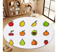 Tappeto Salotto Rotondo Moderno Icone Di Frutta Di Graphic Design 100 cm Tappeto Camera da Letto Rotondo, Bianco Adolescenti Bambini Soggiorno Tappeti Flanella Lavabile Antiscivolo Morbido Tappetino