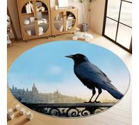 Tappeto Salotto Rotondo Moderno Stile Fantasy Corvo Rovine Della Città 80 cm Tappeto Camera da Letto Rotondo, Blu Adolescenti Bambini Soggiorno Tappeti Flanella Lavabile Antiscivolo Morbido Tappetino
