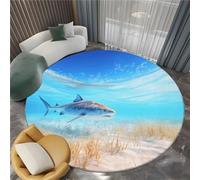 Tappeto Salotto Rotondo Mondo Sottomarino Squalo Tigre Alghe 120 cm Tappeti Del Soggiorno Rotondo, Blu Tappeto Lavabile Dell'Interno Morbido - Per La Camera Da Letto La Cucina Il Tavolo Della Sala