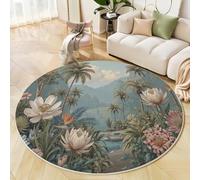Tappeto Salotto Rotondo Pelo Corto, 3D Piante Delle Foreste Tropicali Fiori E Palme Antiscivolo Tondo Moquette, Bambini Camera,Cucina,Domestica Decor Tappeti, 80 Cm Fiori