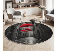 Tappeto Salotto Rotondo Pelo Corto, 3D Vicolo Ombrello Rosso Strada Edifici Stampa Grandi Antiscivolo Tondo Moquette, Bambini Camera,Cucina,Domestica Decor Tappeti, 120cm, Grigio scuro