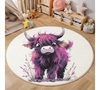 Tappeto Salotto Rotondo Pelo Corto, 3D Viola Highland Cattle Carino Stampa Grandi Antiscivolo Tondo Moquette, Bambini Camera,Cucina,Domestica Decor Tappeti, 160cm, Viola