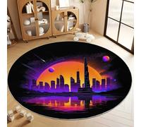 Tappeto Salotto Rotondo Retro-Futurismo Skyline Architettura 100 cm Tappeti Soggiorno Rotondo, Nero Tappeto Lavabile Dell'Interno Morbido - Per La Camera Da Letto La Cucina Il Tavolo Della Sala