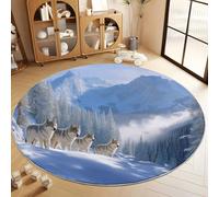 Tappeto Salotto Rotondo Scena Nevosa Fantasy Branco Lupi Montagna Innevata 120 cm Tappeti Rotondo, Bianco Tappeto Lavabile Dell'Interno Morbido - Per La Camera Da Letto La Cucina Il Tavolo Della Sala