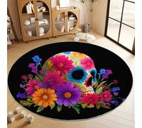 Tappeto Salotto Rotondo Surrealismo Teschio Di Zucchero Fiori 160 cm Tappeti Soggiorno Rotondo, Nero Tappeto Lavabile Dell'Interno Morbido - Per La Camera Da Letto La Cucina Il Tavolo Della Sala