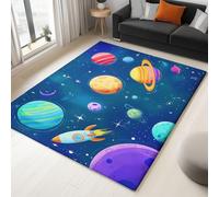 Tappeto Salotto Universo Dei Cartoni Animati Razzo Pianeti 120 x 180 cm Tappeti Moderno Del Soggiorno, Blu Tappeto Lavabile Dell'Interno Morbido, Per La Camera Da Letto La Cucina Il Tavolo Della Sala