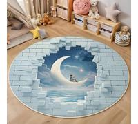 Tappeto Scena Sognante Con Luna Crescente 120Cm,Rotondo A Pelo Lungo Con Buco 3D Nel Muro Mattoni Bianchi,Lavabile Cerchio Extra Morbido Per Sala Da Pranzo,Cameretta Dei Bambini,Azzurro Chiaro