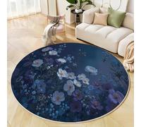 Tappeto Soggiorno Rotondo, 80 Cm, Per Camera Da Letto Tappeto Pelo Corto, Fiori Fantasia Lavabile Tappeti Rotondo Blu Scuro, Per Soggiorno, Sala Da Pranzo Il Giardino Misterioso