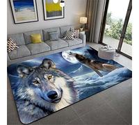 Tappeto Stampato Lupo per Soggiorno Camera da Letto Decorazione Moderna Flanella Antiscivolo Bambini Tappetino da Gioco, Foresta Neve Cielo Notturno Luna Modello Lupi (Blu,120x180 cm)
