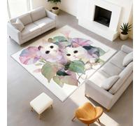 Tappeto stampato resistente allo sbiadimento, con stampa ad acquerello, per la cameretta dei bambini, resistente, con animali e fiori, rosa, mattutino, gloria, gatto bianco, antiscivolo, 80 x 150 cm