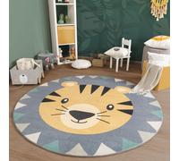 TT Home Tappeto Stanza Bambini Lavabile Leone Motivo Con Animale, Colore:Grigio Nero Marrone, Dimensione:100 cm tondo
