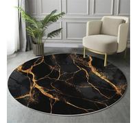 Tappeto Texture In Marmo Nero 80Cm, Rotondo A Pelo Lungo, Con Lussuoso Motivo Venato In Oro, Lavabile, Cerchio Extra Morbido,Per Camera Da Letto,Sala Da Pranzo,Cameretta Dei Bambini,Nero E Oro