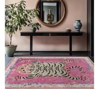 Tappeto tibetano con tigre per ingresso, stile bohémien, con tigre verde, lavabile, con stampa leopardata, per camera da letto e cucina, antiscivolo, a pelo basso (rosa, 60 x 90 cm)