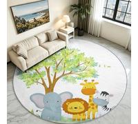 Tappeto Tondo Animali Safari Bianchi 120 cm Zoo Leone Giraffa Lavabile | Tappeto da gioco a cerchio con safari nella giungla selvaggia, base antiscivolo a pelo basso, resistente