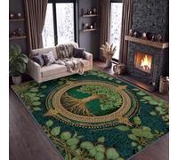 Tappeto tradizionale da 60 x 90 cm, facile da pulire, motivo foresta botanica, verde con albero della vita, a pelo corto, per soggiorno, camera da letto, sala da pranzo, cucina, corridoio, camera dei