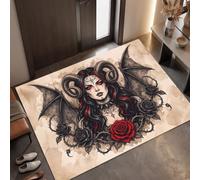 Tappeto Ukiyo-E Scuro d'ingresso interno, Rosso Scuro | Zerbino Donna Con Le Corna Del Diavolo resistente e antiscivolo, Tappetino assorbe l'acqua e raccoglie lo sporco per mantenere la casa pulita