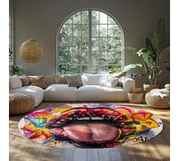 Tappeto Urban Graffiti Lip Round Area Washable 100cm（Rotondo） Audace e colorate splatter art Kiss Modern Low Pile Carpet per arredamento del soggiorno
