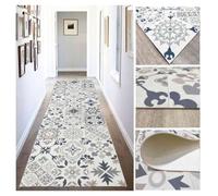 Tappeto Vinilico Idraulico di Piastrelle Realistiche per Salone, Corridoio, Cucina e Moquette a Misura Beige con Tonalità Blu, Oro e Arancione (80X200cm) Tadi & Impero1979