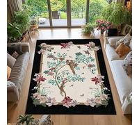 Tappeto vintage per soggiorno, lavabile, a pelo corto, antiscivolo, per camera da letto, sala da pranzo, corridoio, uccelli orientali e fiori, multicolore, beige, nero, 110 x 190 cm