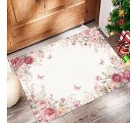 Tappeto, Zerbino Con Bordo Floreale Ad Acquerello Per Tutte Le Stagioni, Facile Da Pulire, Per Patio Veranda Ingresso Casa Ingresso Esterno Cortile (45 X 75 cm, Elegante Motivo A Peonia E Rosa)
