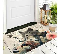 Tappeto Zerbino Grigio Gatto Dei Fiori 3D Morbido Antiscivolo Animali Ad Acquerello Per Sala Da Pranzo Veranda Ingresso Casa Ingresso Esterno Cortile Pavimento Patio,70X100Cm