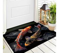 Tappeto Zerbino Nero Rosso Koi Nuotatrice 3D Morbido Antiscivolo Belle Creature Per Sala Da Pranzo Veranda Ingresso Casa Ingresso Esterno Cortile Pavimento Patio,80X120Cm