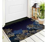 Tappeto Zerbino Oro Blu Foglie Di Loto 3D Morbido Antiscivolo Piante Di Linea Per Sala Da Pranzo Veranda Ingresso Casa Ingresso Esterno Cortile Pavimento Patio,40X60Cm