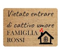 Tappeto zerbino personalizzato - con nome Famiglia Vietato entrare di cattivo umore - cocco naturale ideale per ingressi (Cocco Naturale, 60x40 cm)
