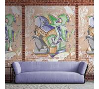 Tappezzeria Con Ziegelsteinoptik E Graffiti - Marrone, Beige, Rosso