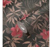Tappezzeria Jungle Lame & Ibisco Fiori - Marrone, Rosso