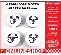 TAPPI COPRIMOZZO ABARTH BORCHIE DIAMETRO 56 mm BIANCHI SCORPIONE NERO 4 pezzi
