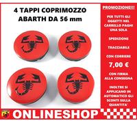 TAPPI COPRIMOZZO ABARTH BORCHIE DIAMETRO 56 mm ROSSO CON SCORPIONE NERO 4 pezzi