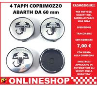 TAPPI COPRIMOZZO ABARTH CROMATO DIAMETRO 60 mm BORCHIE CERCHI IN LEGA 4 pezzi