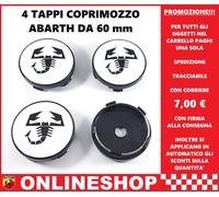 TAPPI COPRIMOZZO ABARTH DIAMETRO 60 mm SFONDO BIANCO SCORPIONE NERO 4 pezzi