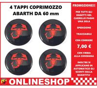 TAPPI COPRIMOZZO ABARTH NERI SCORPIONE ROSSO DIAMETRO 60 mm IN ABS 4 pezzi