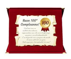 Targa 100° Compleanno | Elegante Regalo Centesimo Compleanno | Cofanetto con Pergamena per Centenario | Biglietto Auguri | Birthday Plate (rosso, 100 Anni)