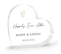 Targa a forma di cuore in acrilico trasparente per sposi e sposi, con scritta in lingua inglese "Happily Ever After" (lingua italiana non garantita)