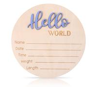 Targa Annuncio Nascita Baby, 15cm in Legno Hello World Targhetta di Benvenuto per Neonati Annuncio Nascita con Targa Nome per Ospedale Camera Bambini (Blu Cashmere)
