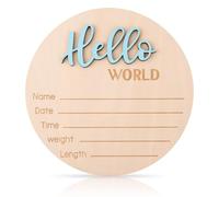 Targa Annuncio Nascita Baby, 15cm in Legno Hello World Targhetta di Benvenuto per Neonati Annuncio Nascita con Targa Nome per Ospedale Camera Bambini (Blu Fluorescente)