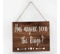 Targa artistica da parete rustica con scritta in lingua inglese "Has Anyone Seen The Rings Painted Wall Art Wood Plaque Sign 10x12 Flowergirl Signage Ringbearer Banner in legno Hanging Signs Home