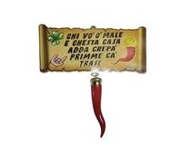 TARGA CARTELLO legno 29x13 cm con o senza corno 14 cm frase chi vo' male a questa casa portafortuna contro la jiella pulcinella napoli corni gobbo