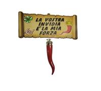 TARGA CARTELLO legno 29x13 cm con o senza corno 14 cm frase la vostra invidia e' la mia forza portafortuna contro la jiella pulcinella napoli corni gobbo