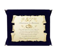 Targa Cinquantesimo Anniversario di Matrimonio | Elegante Regalo 50° Nozze d'Oro | Targhetta Pergamena dorata su cofanetto in velluto (Blu e Dorato, 50)
