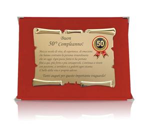 Targa Compleanno con Pergamena - Targa Celebrativa in Cofanetto Velluto - Idea Regalo Elegante per Compleanno e Ricorrenze - Targa Ricordo (Rosso, 50 Anni)